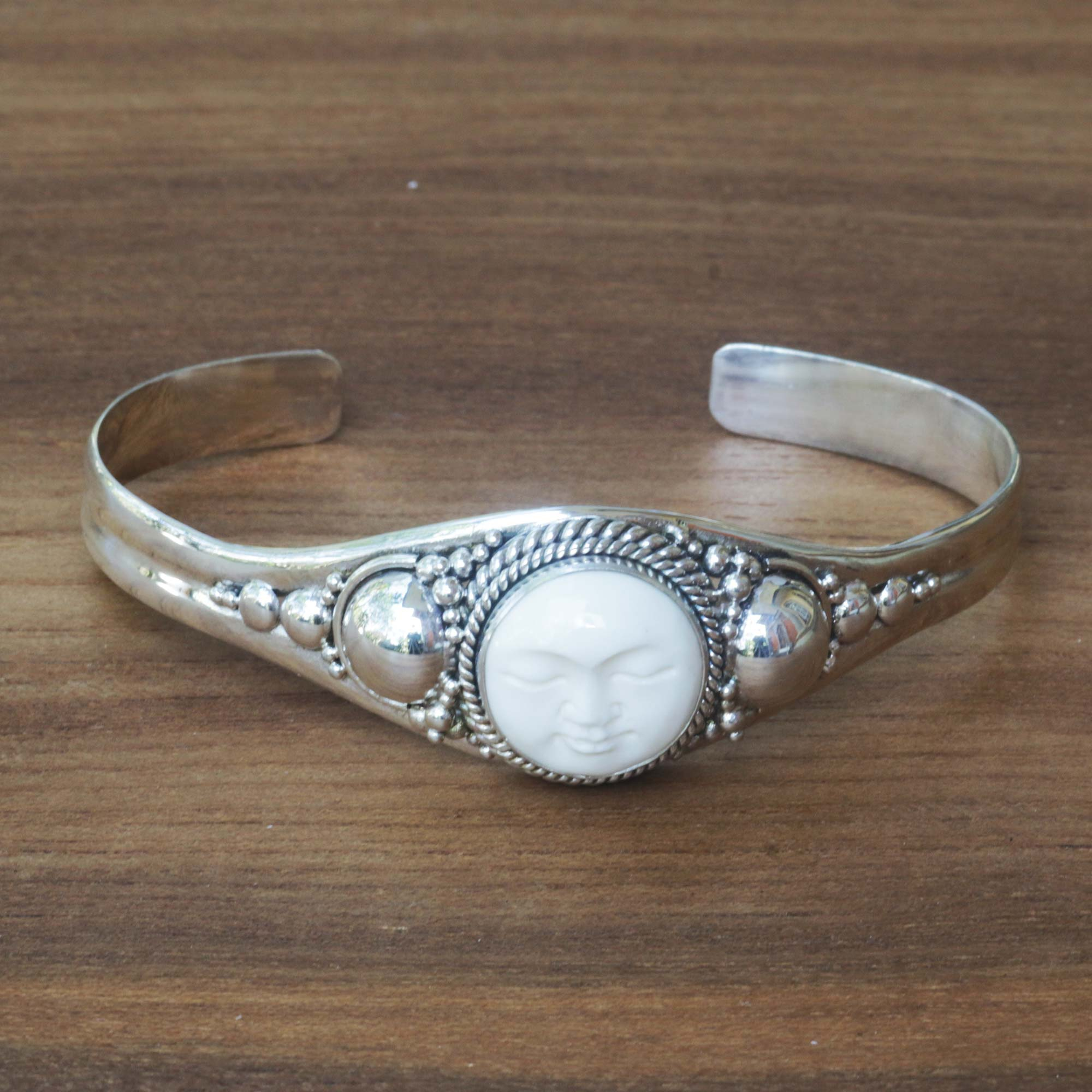 Sterling Silver and Cow Bone Cuff Bracelet, 'Moon Beauty'