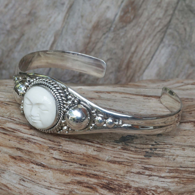 Sterling silver cuff bracelet, 'Moon Beauty' - Sterling Silver and Cow Bone Cuff Bracelet