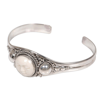 Sterling silver cuff bracelet, 'Moon Beauty' - Sterling Silver and Cow Bone Cuff Bracelet