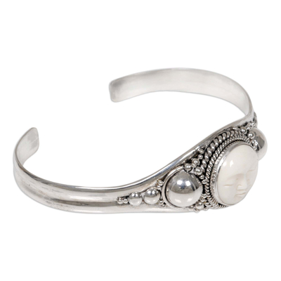 Sterling silver cuff bracelet, 'Moon Goddess' - Sterling Silver and Cow Bone Cuff Bracelet