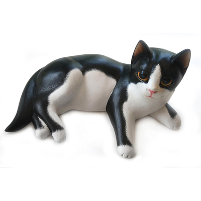 Wood statuette, 'Kitten in a Tux' - Handcrafted Wood Cat Sculpture