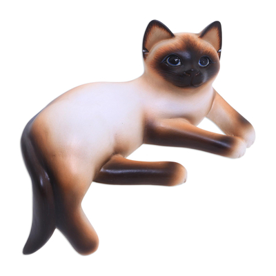 Wood statuette, 'Playful Siamese Kitten' - Wood statuette