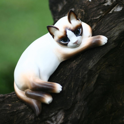 Wood statuette, 'Thoughtful Cat' - Wood statuette
