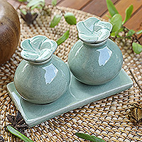 Ceramic oil bottles, 'Jade Bali Frangipani' - Ceramic Bottle Set
