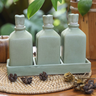 Ceramic oil bottles, 'Jade Bali Lotus' (set of 3) - Green Ceramic Oil Bottles (Set of 3)