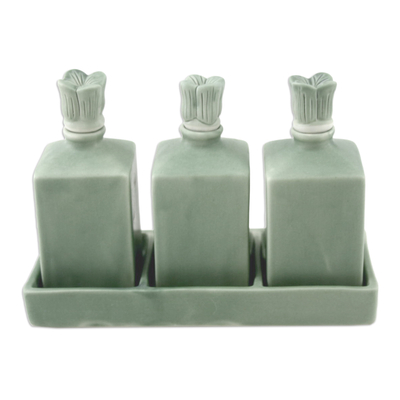 Green Ceramic Oil Bottles (Set of 3)