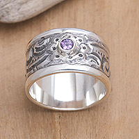 Amethyst band ring, 'Nature' - Hand Crafted Floral Silver and Amethyst Ring