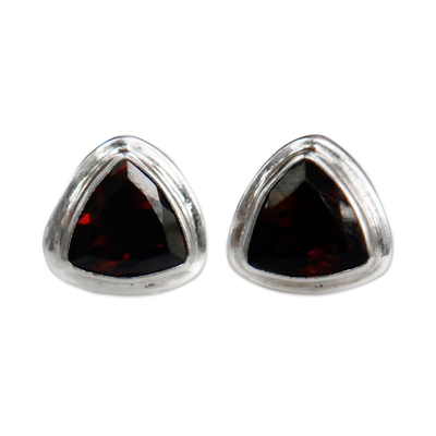Garnet stud earrings, 'Crimson Trinity' - Sterling Silver Garnet Stud Earrings