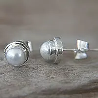 Pearl stud earrings, 'White Moon' - Sterling Silver Pearl Stud Earrings