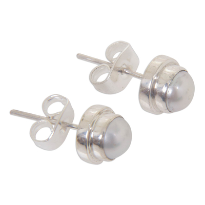 Pearl stud earrings, 'White Moon' - Sterling Silver Pearl Stud Earrings