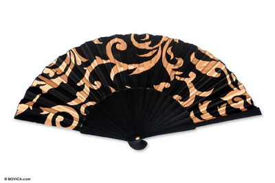 Silk batik fan, 'Black Bali Glory' - Silk batik fan