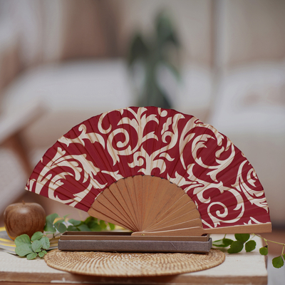 Silk batik fan, 'Red Bali Glory' - Batik Silk Fan