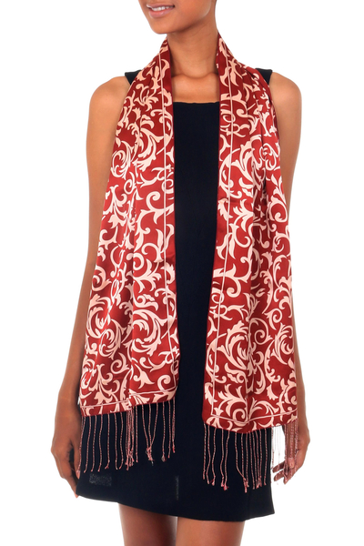 Silk batik scarf, 'Ruby Royale' - Indonesian Silk Batik Scarf