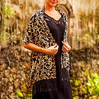 Silk batik scarf, 'Nocturnal Royale' - Handcrafted Indonesian Batik Silk Leaf Patterned Scarf 