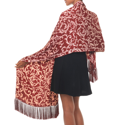 Silk batik shawl, 'Ruby Royale' - Handmade Batik Silk Patterned Shawl