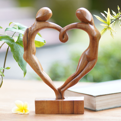 Wood sculpture, 'Loop of Love' - Unique Romantic Wood Sculpture