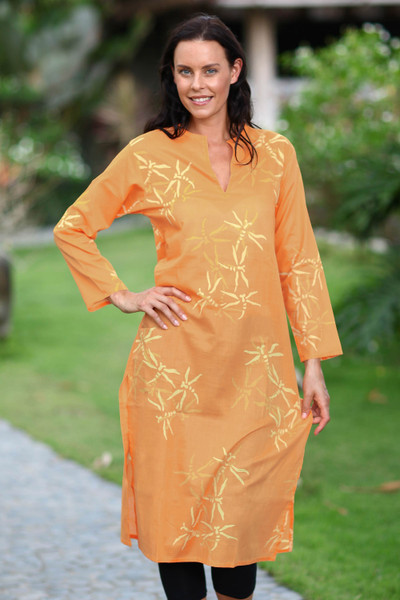 Cotton caftan, 'Orange Dragonfly Mysteries' - Women's Batik Cotton Caftan