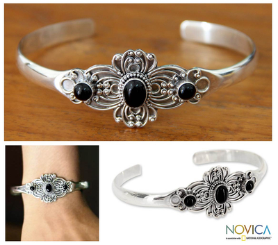 Onyx Floral Sterling Silver Cuff Bracelet - Black Gloxinia | NOVICA