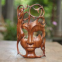 Wood mask, 'Dreaming Princess' - Modern Handcarved Wood Bask