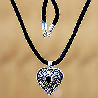 Garnet heart locket necklace, 'Secret Love'