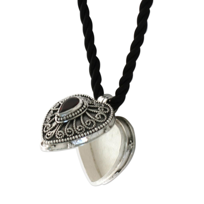 Garnet heart locket necklace, 'Secret Love' - Heart Shaped Sterling Silver and Garnet Locket Necklace