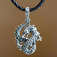 Men's sterling silver pendant necklace, 'Dancing Dragon' - Men's Unique Sterling Silver and Leather Pendant Necklace