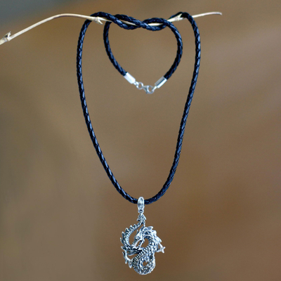 Men's sterling silver pendant necklace, 'Dancing Dragon' - Men's Unique Sterling Silver and Leather Pendant Necklace