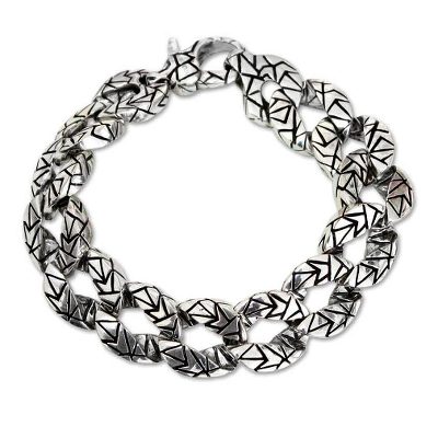 Men's sterling silver bracelet, 'Freedom and Liberty' - Men's Sterling Silver Link Bracelet