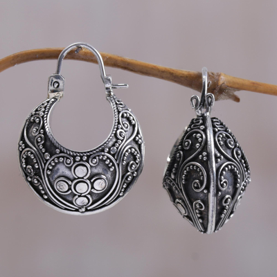 Sterling silver hoop earrings, 'Bali Paradise' - Floral Sterling Silver Hoop Earrings