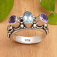 Blue topaz and amethyst wrap ring, 'Morning Colors'