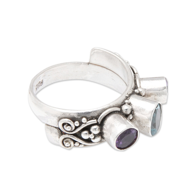 Blue topaz and amethyst wrap ring, 'Morning Colors' - Blue Topaz and Amethyst Ring
