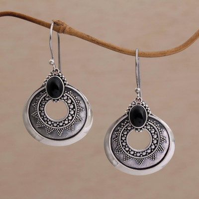 Onyx dangle earrings, 'Royal Medallion' - Handcrafted Sterling Silver and Onyx Dangle Earrings