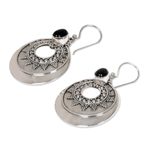 Onyx dangle earrings, 'Royal Medallion' - Handcrafted Sterling Silver and Onyx Dangle Earrings