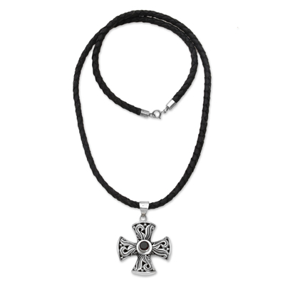 Men's garnet cross necklace, 'Fire of Faith' - Men's Sterling Silver and Garnet Cross Necklace