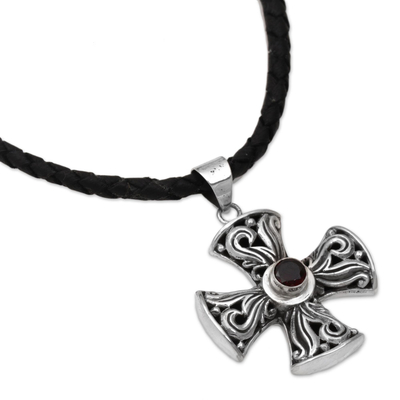 Men's garnet cross necklace, 'Fire of Faith' - Men's Sterling Silver and Garnet Cross Necklace