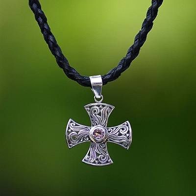 Men's amethyst cross necklace, 'Glow of Faith' - Men's Fair Trade Silver and Amethyst Cross Necklace