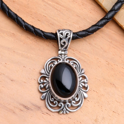 Onyx and leather pendant necklace, 'Midnight Sky' - Sterling Silver and Onyx Necklace from Indonesia