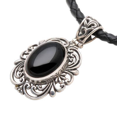 Onyx and leather pendant necklace, 'Midnight Sky' - Sterling Silver and Onyx Necklace from Indonesia