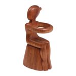 Wood wine bottle holder, 'Embrace' - Hand Carved Nude Figure Wine Bottle Holder