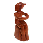 Wood wine bottle holder, 'Embrace' - Hand Carved Nude Figure Wine Bottle Holder