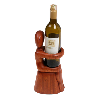 Wood wine bottle holder, 'Embrace' - Hand Carved Nude Figure Wine Bottle Holder