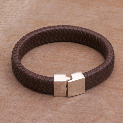 Men's leather bracelet, 'Steadfast' - Men's Brown Leather Bracelet