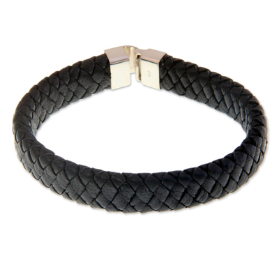 Men's sterling silver and leather bracelet, 'Courage' - Men's Hand Crafted Braided Leather Bracelet
