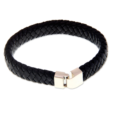 Men's sterling silver and leather bracelet, 'Courage' - Men's Hand Crafted Braided Leather Bracelet