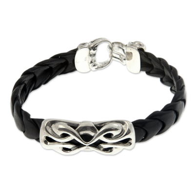 Men's sterling silver and leather braided bracelet, 'Infinity' - Men's Sterling Silver and Leather Bracelet