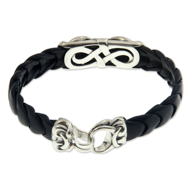 Men's sterling silver and leather braided bracelet, 'Infinity' - Men's Sterling Silver and Leather Bracelet