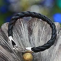 Herrenarmband aus Sterlingsilber und Leder, „Cobra“