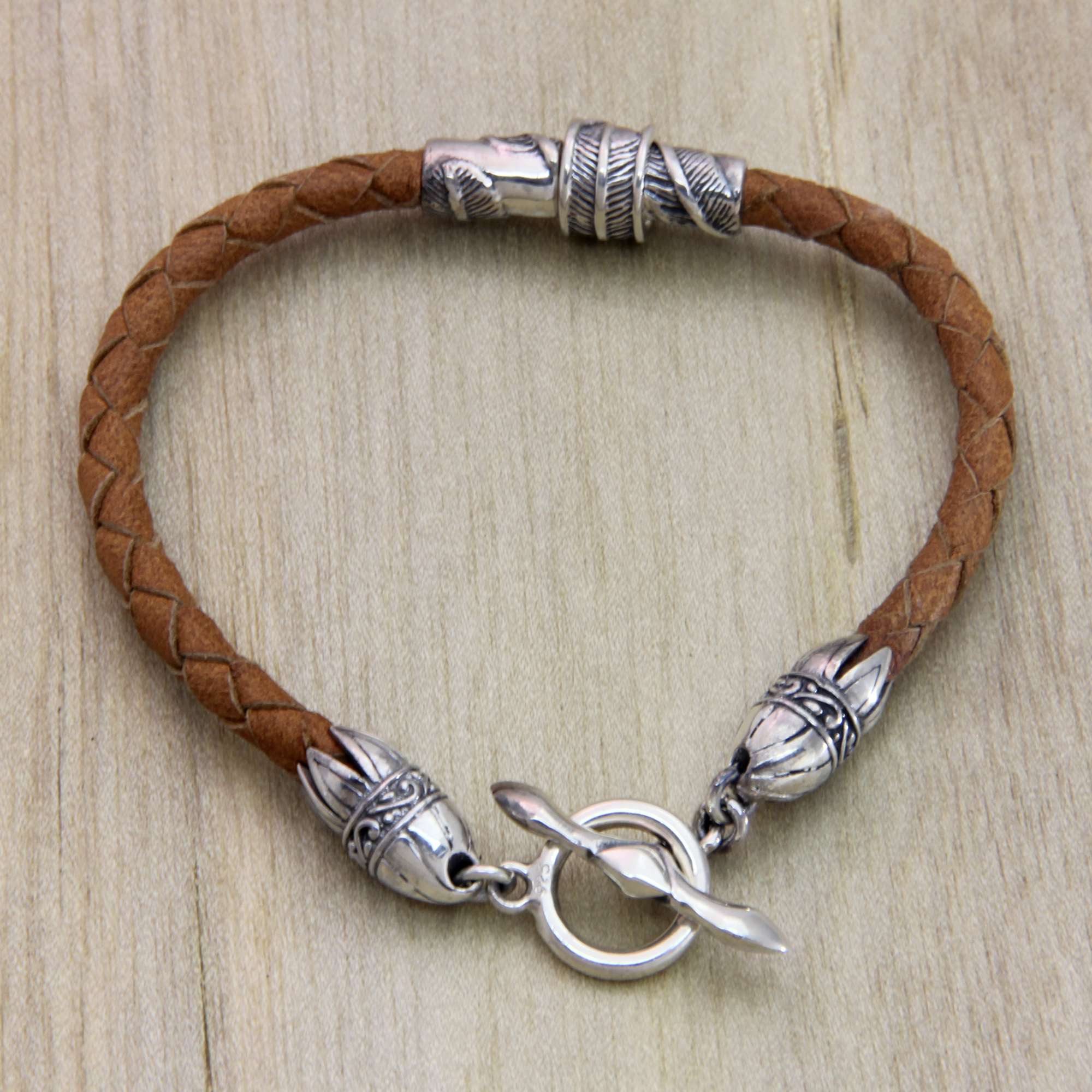 Men's Brown Leather and Sterling Silver Bracelet - Feather | NOVICA