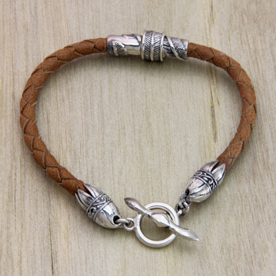 Men's sterling silver and leather bracelet, 'Feather' - Men's Brown Leather and Sterling Silver Bracelet