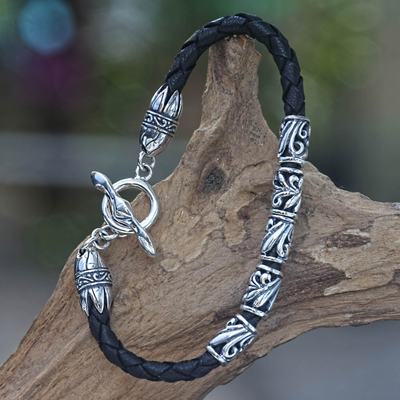 Men's sterling silver and leather braided bracelet, 'Glory' - Men's Braided Leather Bracelet from Indonesia